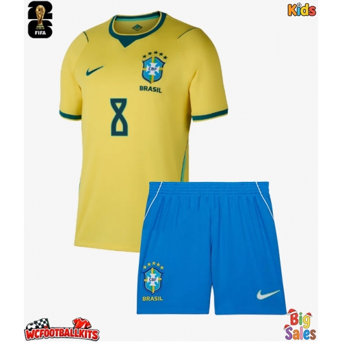 Brazil Bruno Guimaraes #8 Replica Home Stadium Kit for Kids World Cup 2026 Short Sleeve (+ pants)